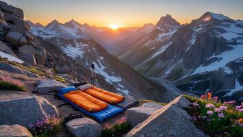 Camping Gear at Mountain Sunrise with Sleeping Bags and Trekking Poles photo