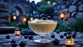 Dessert Glass Filled with Cream and Blueberries in Atmospheric Setting photo