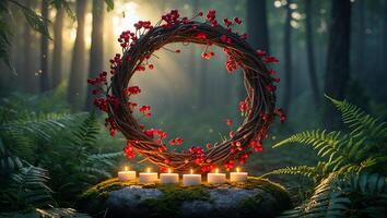 Wreath with Red Berries and Candles in Forest with Sunlight photo