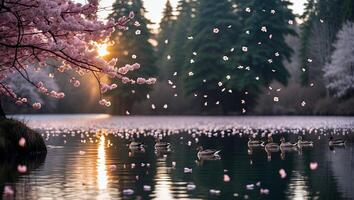 Ducks Swim in Pond with Cherry Blossoms Petals Falling Spring photo
