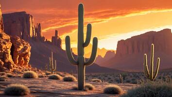 Majestic Cactus Landscape in Desert at Warm Sunset Golden Hour photo