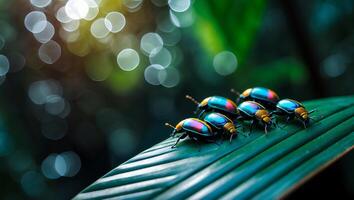 Beetles Resting on Leaf with Colorful Iridescent Shells in Nature photo