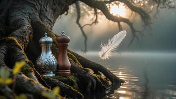 Salt and Pepper Shakers Beside Lake with Floating Feather photo