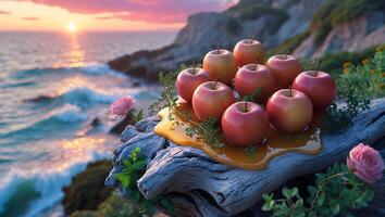 Apples with Honey on Driftwood at Sunset by the Ocean photo