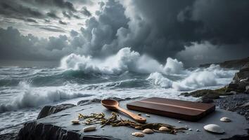 Wooden Cutting Board with Spoon and Shells Overlooking Dramatic Ocean Waves photo