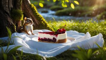 Chipmunk Watching Cherry Cheesecake by Stream in Sunlit Meadow photo
