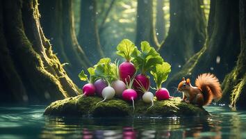 Squirrel with Fresh Radishes on a Mossy Island in the Forest photo