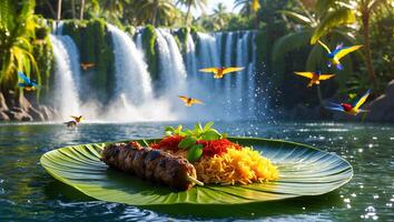 Grilled Kebab and Noodles on Leaf with Waterfall Backdrop Scenery photo