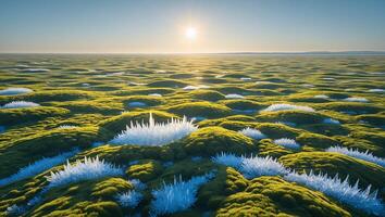 Mossy Landscape with Ice Formations Under Bright Sunlight Scenery photo