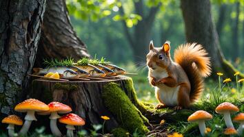 Squirrel Gazing at Fish Skewers on Stump in Enchanted Forest Glade photo