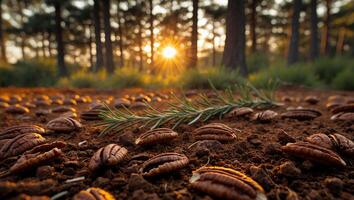 Pecans and Rosemary on Ground with Sunset in Forest photo