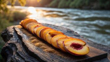 Sliced Peach Fruit Displayed on Wooden Board Beside Flowing River photo