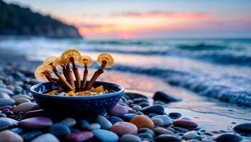 Bowl with Sticks on Pebble Beach at Sunset by the Ocean photo