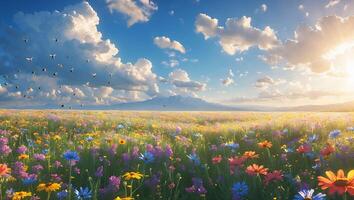 Flowering Meadow Under Bright Sky and Clouds with Distant Mountain photo