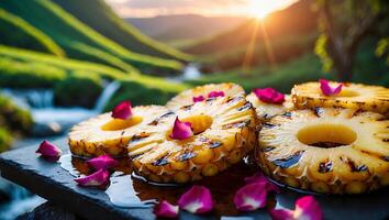 Grilled Pineapple Slices with Rose Petals at Sunset Mountain Backdrop photo