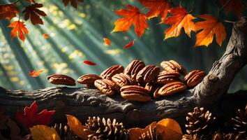 Pile of Pecans on Log with Falling Autumn Leaves in Forest photo