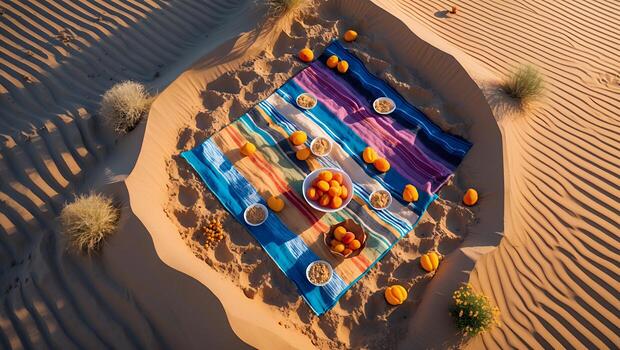 Picnic on Sand Dune with Fruits and Blanket in Desert photo