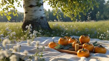 Eating Persimmon Fruit Outdoors on Blanket Under Tree in Summer Meadow photo