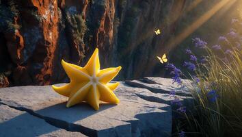 Starfruit on Cliff Edge with Sun Rays and Butterflies Scene photo