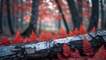 Red Ferns Decorating a Fallen Log in a Forest Landscape photo