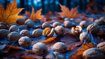 Walnuts on Autumn Leaves with Webbing in a Forest Setting photo