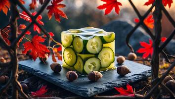 Cucumber Jello Cube with Acorns and Autumn Leaves on Slate photo