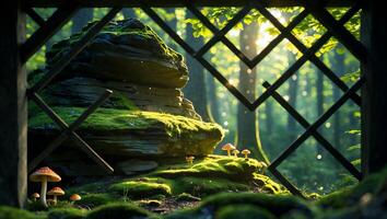 Viewing Mossy Rock and Mushrooms Through Wooden Frame in Forest photo