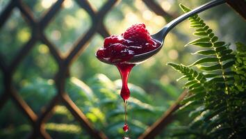 Raspberry Jam Dripping From Spoon with Natural Outdoor Background photo