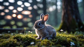 Rabbit Sitting on Moss in Forest at Dusk with Bokeh photo