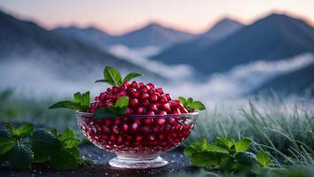 Pomegranate Seeds in Glass Bowl with Mint at Mountain Vista photo