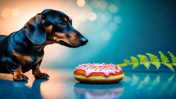 Small Dog Looking at Frosted Donut with Colorful Sprinkles Treat photo