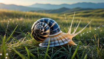 Snail Crawling Through Grassy Meadow at Sunrise with Dew Drops photo