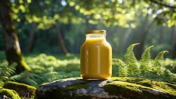 Bright Yellow Drink in Glass Jar Sitting on Mossy Rock Outdoors photo