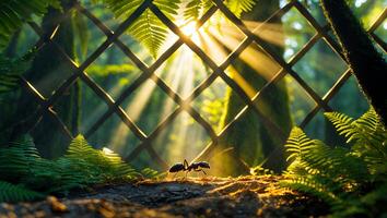 Ant Walking on Wood in Forest with Sunlight Shining Through Trees photo