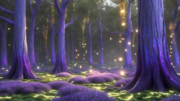 Mystical Forest with Glowing Lights and Lavender Bushes Scenery photo