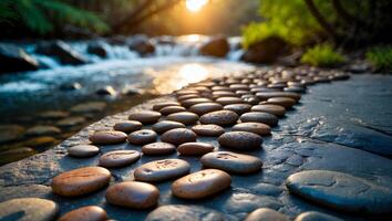 Walking Path Lined with River Stones Beside Gentle Stream at Sunset photo