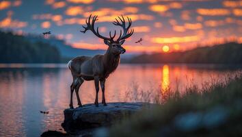 Standing Stag Watching Dramatic Lake Sunset with Dragonflies Flying Around photo
