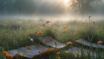 Wildflower Meadow in Morning Mist with Sunlight and Dew Drops photo