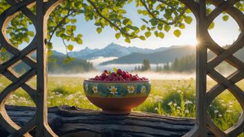 Berries in Bowl on Wooden Log with Meadow Mountain Backdrop photo