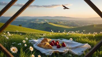 Picnic with Croissants and Strawberries in a Grassy Field at Sunset photo