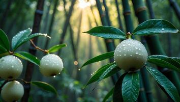 Fruit on Branch with Water Droplets in a Peaceful Bamboo Forest photo
