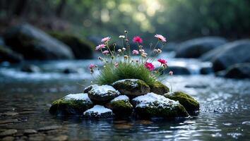 Pink Flowers Growing on Rocks in a Stream with Moss photo