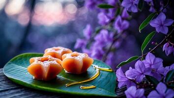 Serving Flower Shaped Pastries with Syrup on Leaf Alongside Violet Flowers photo