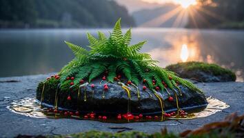 Fern and Berries Adorn Stone by Calm Lake at Sunrise photo