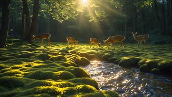Deer Grazing Near Forest Stream in Golden Sunlight Meadow photo