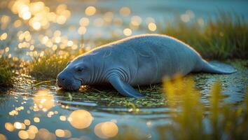 Resting Manatee in Shallow Water with Sparkling Golden Light Reflections photo