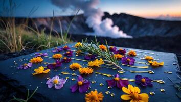 Arrangement of Flowers and Rosemary on Slate with Mountain View photo