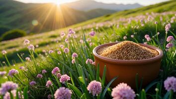 Grain Bowl in Field of Pink Flowers at Sunset, Mountain Backdrop photo