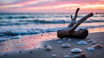 Driftwood and Seashells on Sandy Beach at Colorful Sunset Scene photo