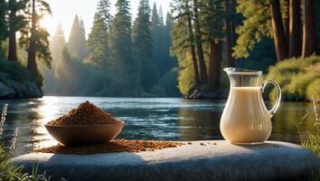 Serving Nutritious Food by a Flowing River with Forest Background photo